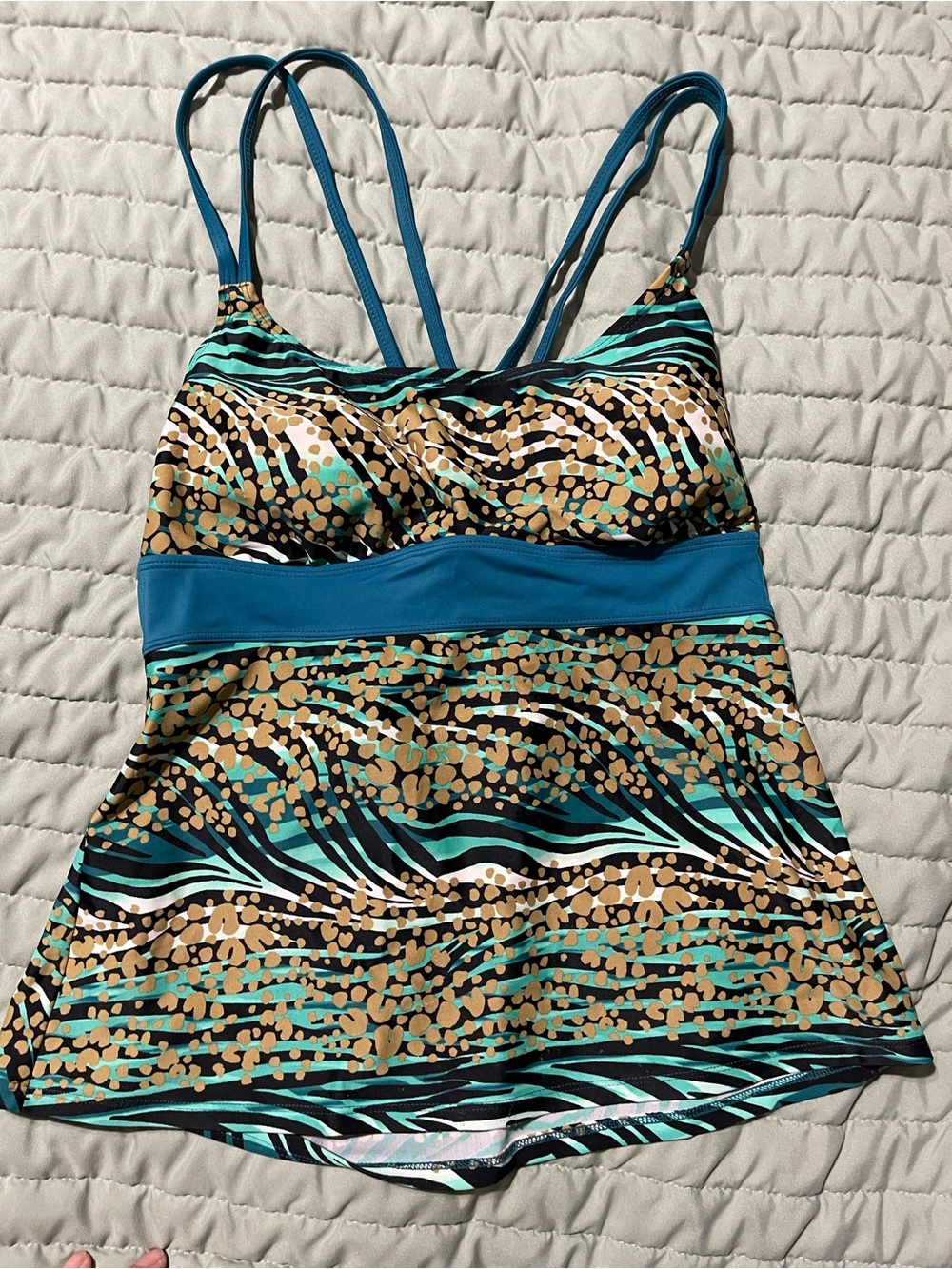 Tropical Escape Teal-Trim Floral Swim Top with Gold Accents